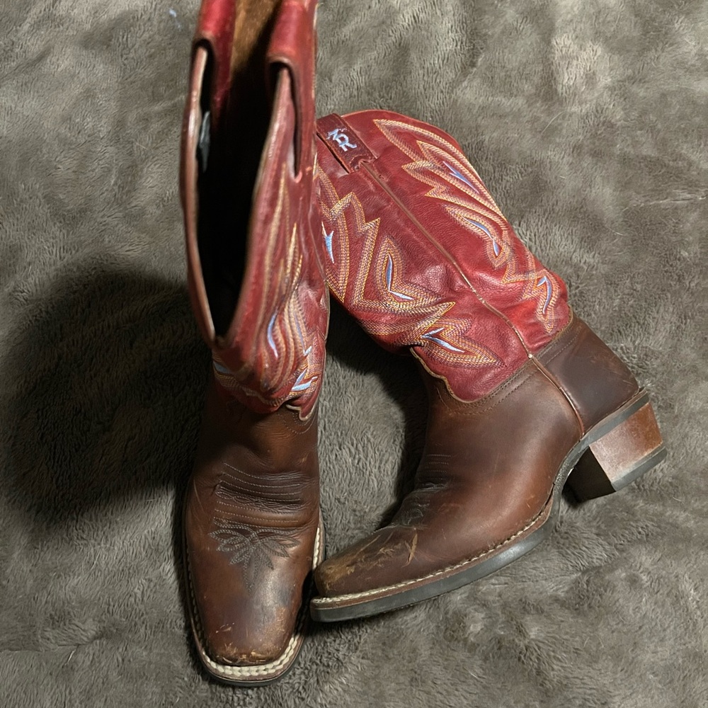 Tony Lama Brown Leather Cowboy Boots with Red Shaft - Picture 2 of 6